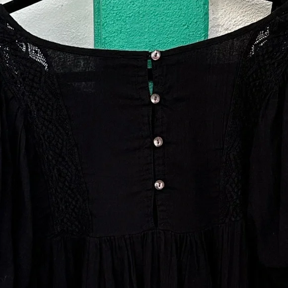Free People Dress Tunic Small Boho Gauze Puff Sleeve Black Lace Trim - Picture 7 of 9